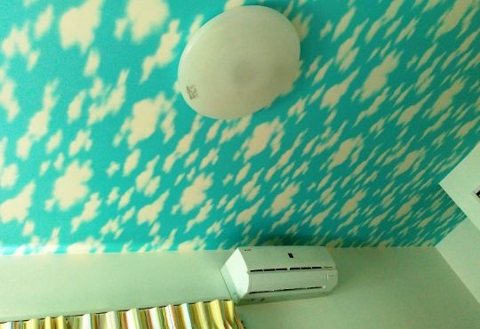 寝室の天井には空模様の壁紙をチョイス。夜は星空になる仕組みで、リラックスして眠れるそう。