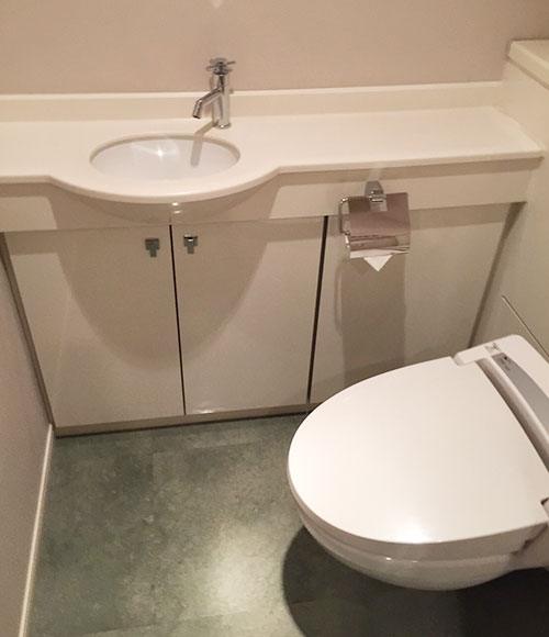 トイレには手洗い器が設置されている。「洗面所まで行かずに手洗いができるので便利です」