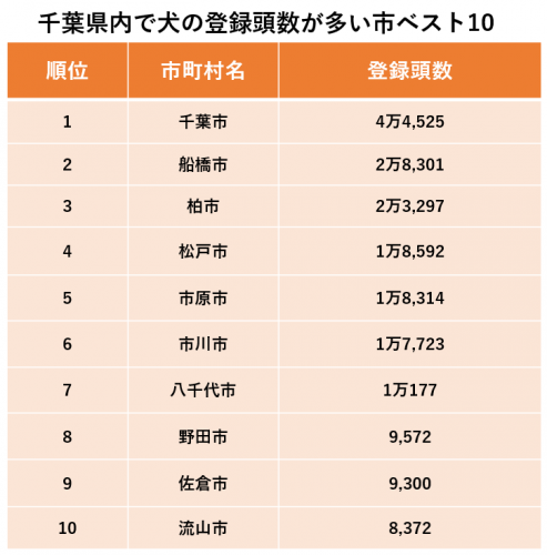 千葉県内で犬の登録頭数が多い市ベスト10